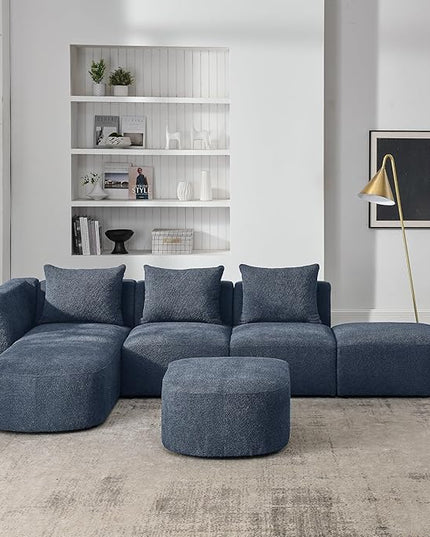113" L-Shape Sectional Side Chaise and Ottoman, Modular Sofa, DIY Combination, Loop Yarn Fabric for Living Room, Apartment, 113inch, Blue Left - LeafyLoom