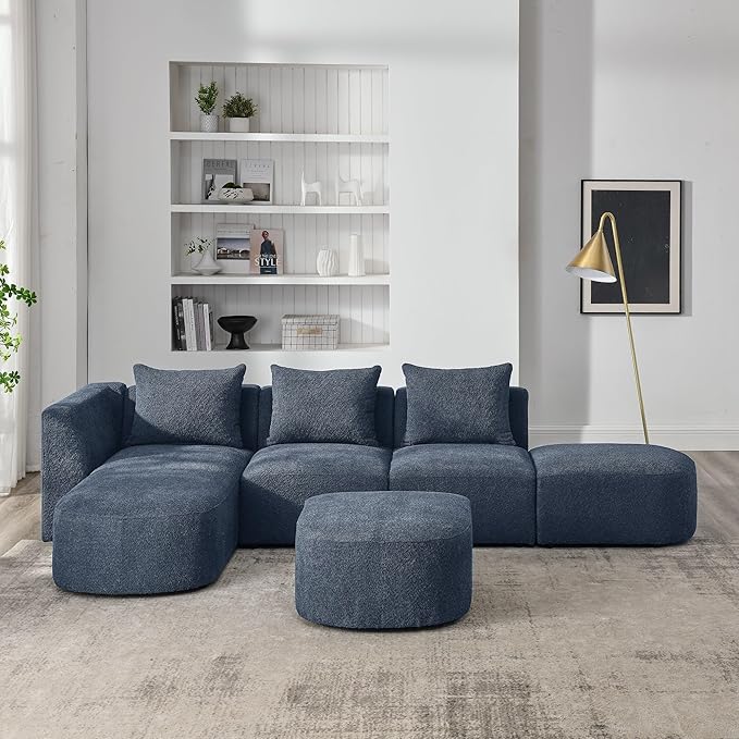 113" L-Shape Sectional Side Chaise and Ottoman, Modular Sofa, DIY Combination, Loop Yarn Fabric for Living Room, Apartment, 113inch, Blue Left - LeafyLoom