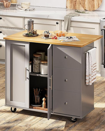 Shintenchi Rolling Kitchen Island Cart with Folding Drop Leaf Breakfast Bar, Portable Trolley Island with Large Storage Cabinet, Shelf and Drawer, Gray - LeafyLoom