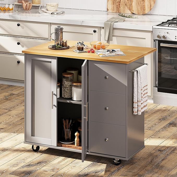 Shintenchi Rolling Kitchen Island Cart with Folding Drop Leaf Breakfast Bar, Portable Trolley Island with Large Storage Cabinet, Shelf and Drawer, Gray - LeafyLoom