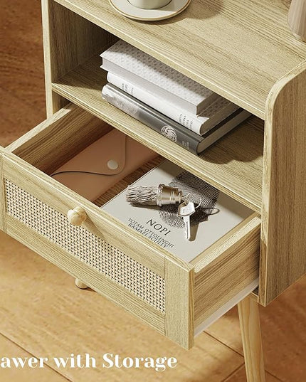 SUPERJARE Nightstand with Charging Station & Rattan-Like Decor Drawer, Rattan End Table with Solid Wood Feet, Bed Side Table with Open Storage, for Bedroom, Living Room, Dormitory - Natural - LeafyLoom