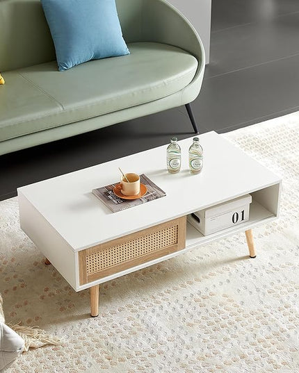 41.34" Mid Century Modern Coffee Table with Storage, Rectangle Wooden Accent Center Sofa Table with Sliding PE Rattan Woven Door Panel and Solid Wood Legs, Suitable for Living Room, Apartment - LeafyLoom