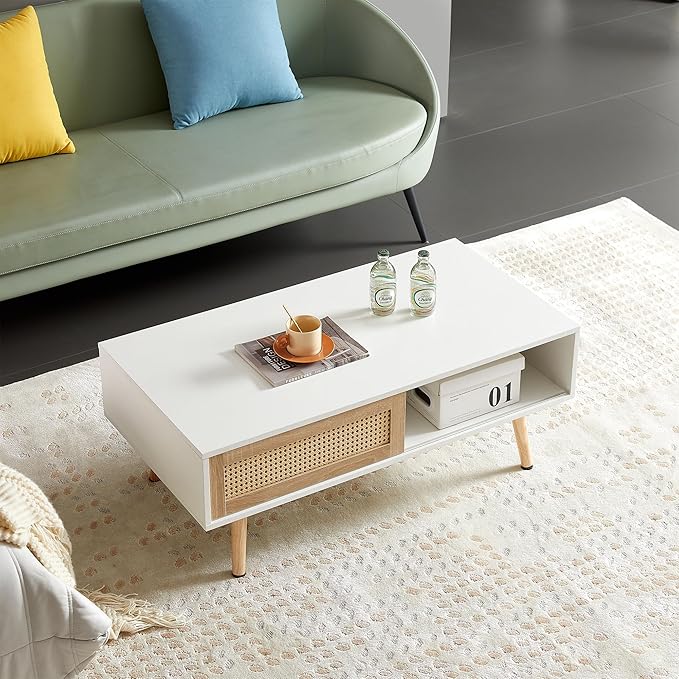 41.34" Mid Century Modern Coffee Table with Storage, Rectangle Wooden Accent Center Sofa Table with Sliding PE Rattan Woven Door Panel and Solid Wood Legs, Suitable for Living Room, Apartment - LeafyLoom