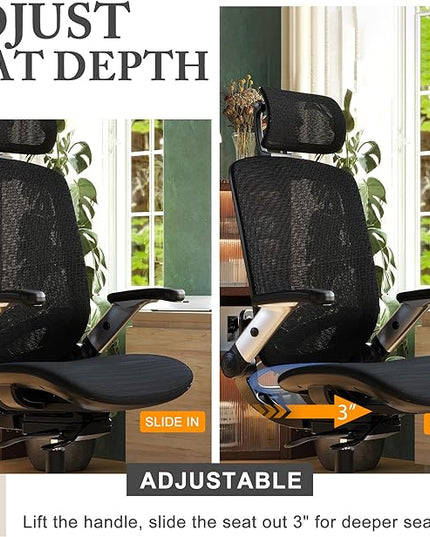 GABRYLLY Ergonomic Office Mesh Chair, High-Back Desk Chair with Sliding Seat, Adjustable Flip-up Armrest & 2D Headrest, 4-Gear Tilt Function, Swivel Computer Gaming Chair for Man Woman - LeafyLoom