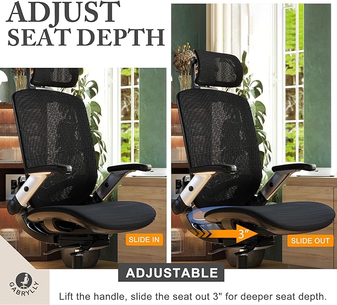 GABRYLLY Ergonomic Office Mesh Chair, High-Back Desk Chair with Sliding Seat, Adjustable Flip-up Armrest & 2D Headrest, 4-Gear Tilt Function, Swivel Computer Gaming Chair for Man Woman - LeafyLoom