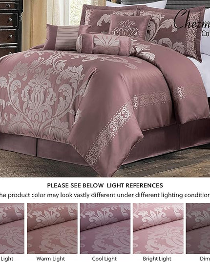 Chezmoi Collection 7-Piece Jacquard Floral Comforter Set (King, Woodrose/Gray) - LeafyLoom