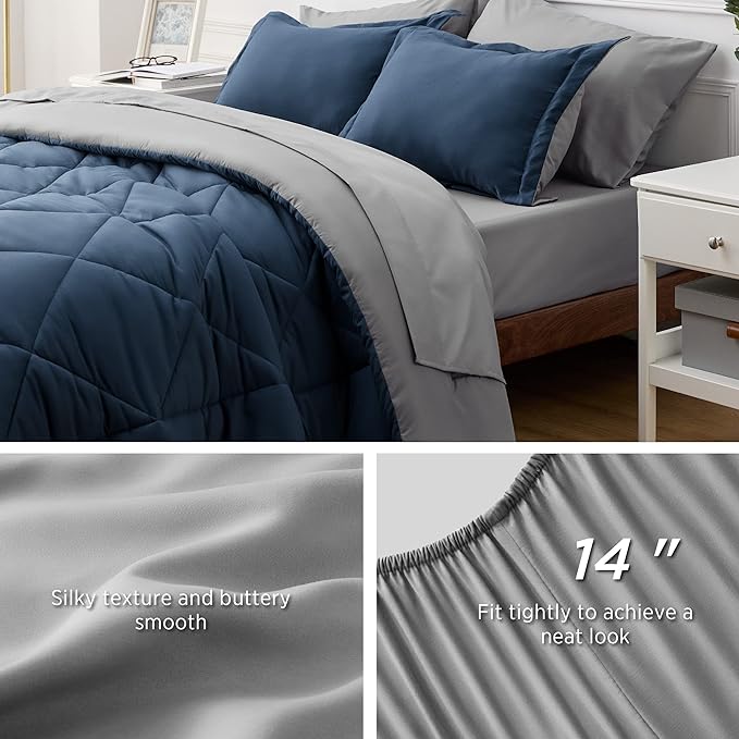 Bedsure Navy California King Comforter Set - 7 Pieces Reversible Bed Set, Bed in a Bag Cal King with Comforters, Sheets, Pillowcases & Shams - LeafyLoom