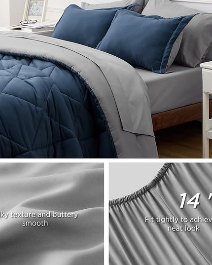 Bedsure Navy Bedding Set Queen - 7 Pieces Reversible Bed Sets in a Bag with Comforters, Sheets, Pillowcases & Shams, Comforter - LeafyLoom