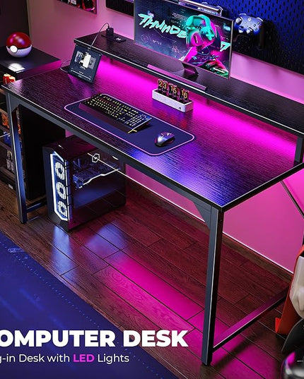 SUPERJARE 47 inch Computer Desk with LED Lights & Power Outlets, Home Office Desk with Monitor Shelf, Small Desk for Home & Office, Black - LeafyLoom