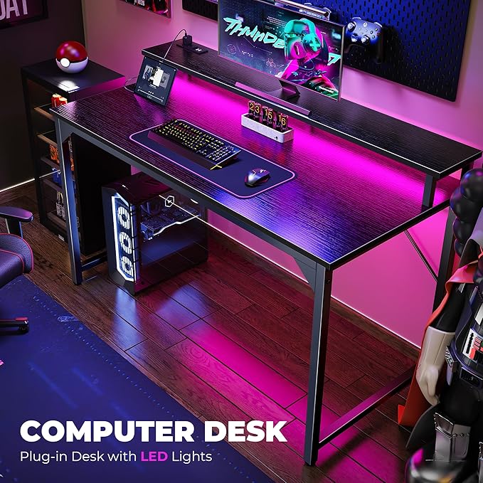 SUPERJARE 47 inch Computer Desk with LED Lights & Power Outlets, Home Office Desk with Monitor Shelf, Small Desk for Home & Office, Black - LeafyLoom