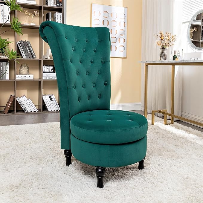 Royal High-Back Velvet Accent Chair for Vanity with Storage and Luxurious Upholstery, Retro Design and Versatile Usage for Living Room, Bedroom, Lounge and Office, Green - LeafyLoom