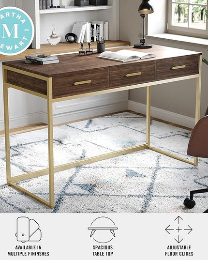 Martha Stewart Ollie Home Office Desk with 3 Drawers in Walnut Wood Grain with Polished Brass Hardware - LeafyLoom