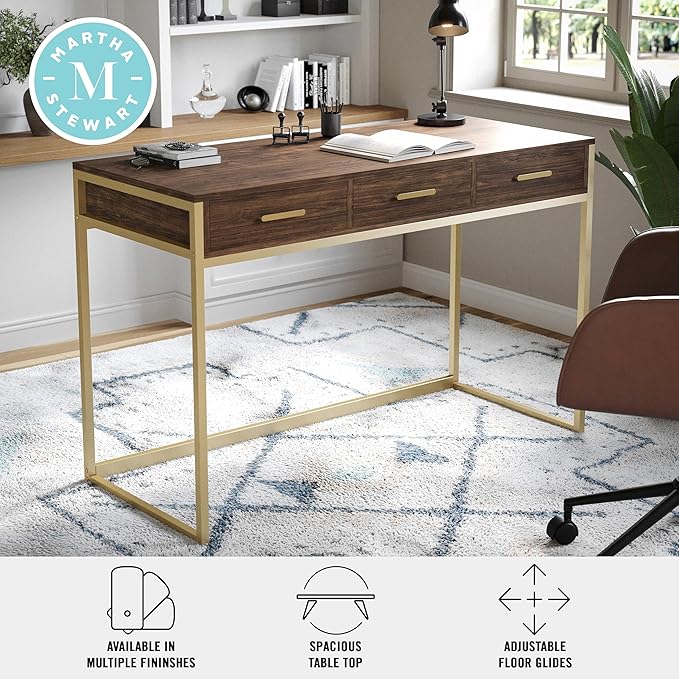 Martha Stewart Ollie Home Office Desk with 3 Drawers in Walnut Wood Grain with Polished Brass Hardware - LeafyLoom