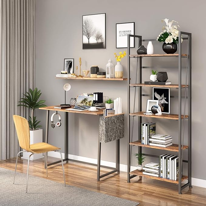 No-Assembly Folding Bookshelf Storage Shelves 5 Tiers Vintage Multifunctional Plant Flower Stand Storage Rack Shelves Bookcase for Home Office(Firestone and Black) - LeafyLoom