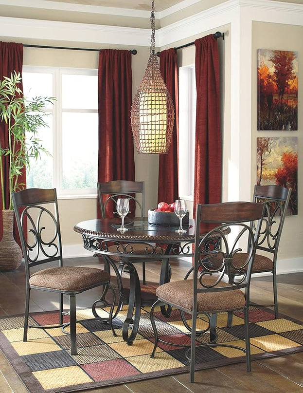 Signature Design by Ashley Glambrey Old World 45" Round Glass Top Dining Table, Brown - LeafyLoom