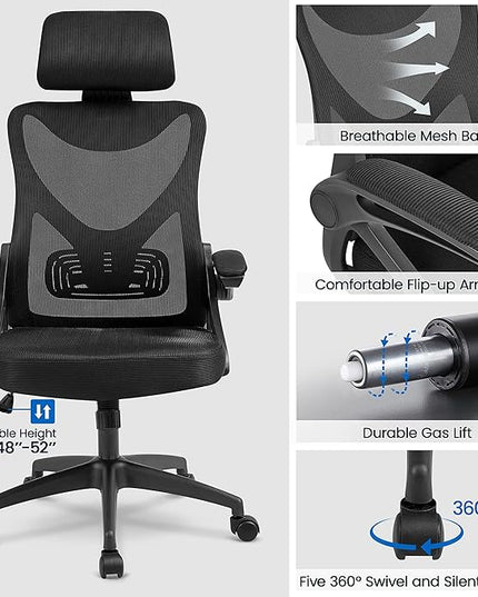 Yaheetech Ergonomic Office Chair, High Back Desk Chair with with flip-up Armrests, Adjustable Padded Headrest Mesh Computer Chair with Lumbar Support for Home Office Meeting Room, Black - LeafyLoom