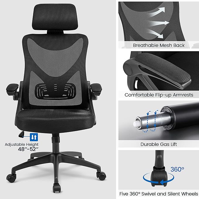 Yaheetech Ergonomic Office Chair, High Back Desk Chair with with flip-up Armrests, Adjustable Padded Headrest Mesh Computer Chair with Lumbar Support for Home Office Meeting Room, Black - LeafyLoom