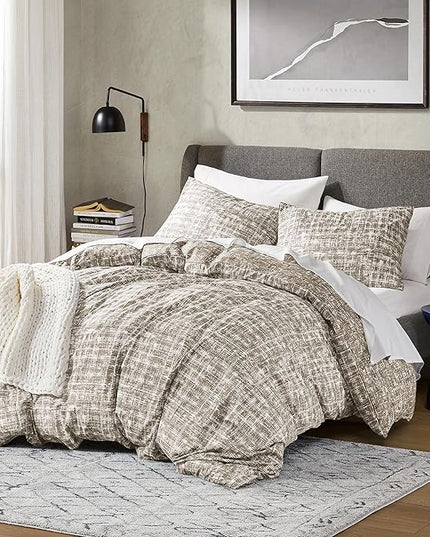Hyde Lane Full/Queen Comforter Set, Taupe Boho Modern Aesthetic Soft Bedding, Plaid Lines Pattern Neutral Bed Sets for All Season, 3 Pieces includes 1 Comforter, 2 Shams (90"x 90") - LeafyLoom
