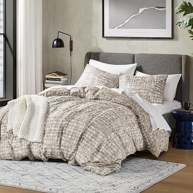 Hyde Lane Comforter King Size for Men, Taupe Modern Farmhouse Aesthetic Soft Bedding Set, Masculine Plaid Lines Pattern Bed Sets for All Season, 3 Pieces includes 1 Comforter, 2 Shams (104"x 90") - LeafyLoom