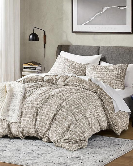 Hyde Lane Twin/Twin XL Kids Comforter Set, Taupe Boho Modern Aesthetic Bedding, Teen Boys Plaid Lines Pattern Bed Sets for All Season, 2 Pieces includes 1 Comforter, 1 Sham (66"x 90") - LeafyLoom
