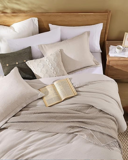 Dark Beige King Size Comforter Set, 3 Piece Summer Bedding for Textured Crinkle King Comforter Set, King Bedding Set with Minimalist Lightweight Comforter & Shams (King, 102"x90") - LeafyLoom