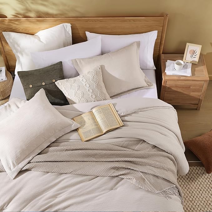 Dark Beige King Size Comforter Set, 3 Piece Summer Bedding for Textured Crinkle King Comforter Set, King Bedding Set with Minimalist Lightweight Comforter & Shams (King, 102"x90") - LeafyLoom
