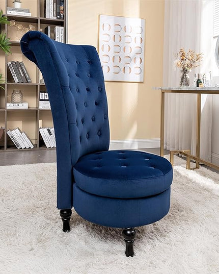 Royal High-Back Velvet Accent Chair for Vanity with Storage and Luxurious Upholstery, Retro Design and Versatile Usage for Living Room, Bedroom, Lounge and Office, Dark Blue - LeafyLoom