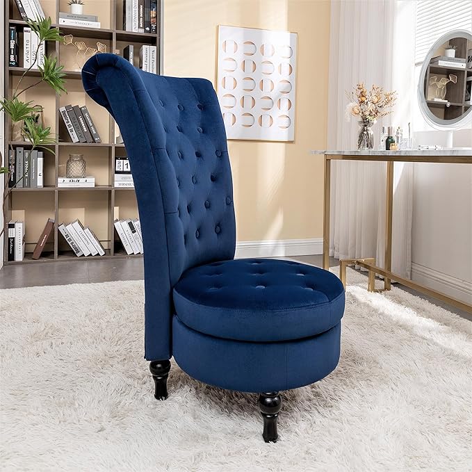 Royal High-Back Velvet Accent Chair for Vanity with Storage and Luxurious Upholstery, Retro Design and Versatile Usage for Living Room, Bedroom, Lounge and Office, Dark Blue - LeafyLoom