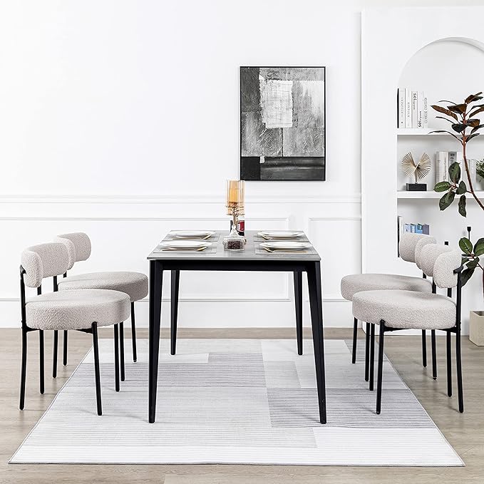 DYHOME Light Grey Dining Chairs Set of 4, Modern Dining Room Chairs Mid-Century, Round Upholstered Kitchen Chairs with Black Metal Legs, Boucle Sherpa Dining Chair - LeafyLoom