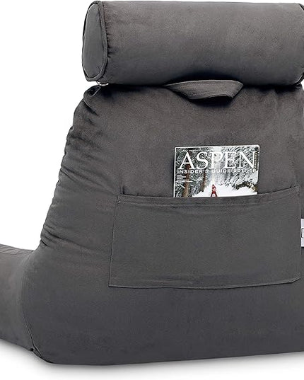 Husband Pillow XXL Cover Aspen Edition Iron Grey, Reversible Microfiber to Microsuede, Side & Back Pockets - Handle for Easy Transport - Super Cozy Bed Rest Pillow Cover with Arms - Easy Care - LeafyLoom