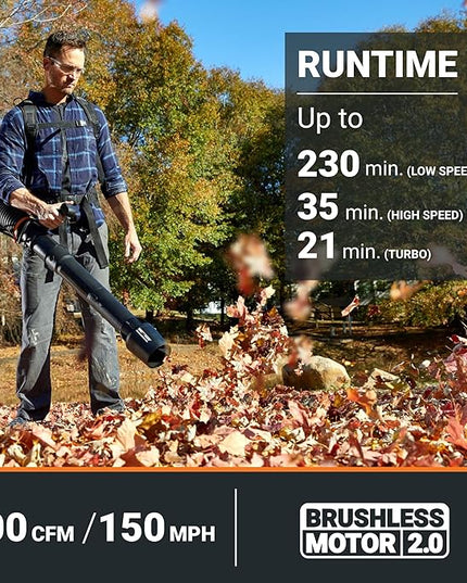 Worx Nitro 80V Cordless Leaf Blower, 800 CFM 150 MPH, Brushless Backpack Electric Leaf Blower WG572, Turbine Fan, Variable Air Control – 4 PowerShare Batteries, Basecamp Charger Included - LeafyLoom