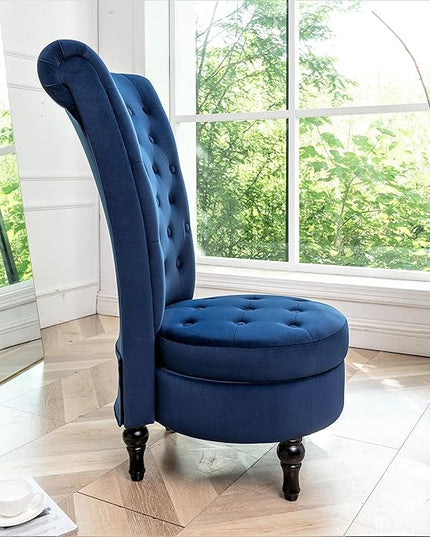 Royal High-Back Velvet Accent Chair for Vanity with Storage and Luxurious Upholstery, Retro Design and Versatile Usage for Living Room, Bedroom, Lounge and Office, Dark Blue - LeafyLoom