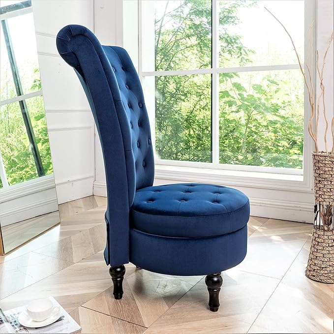 Royal High-Back Velvet Accent Chair for Vanity with Storage and Luxurious Upholstery, Retro Design and Versatile Usage for Living Room, Bedroom, Lounge and Office, Dark Blue - LeafyLoom