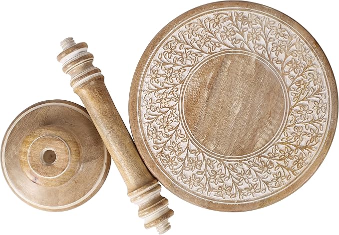 Round End Table,Small Table,Side Table, Side Tables Living Room,End Table,Round Side Table,Altar Table, Carved Side Table,Wood Accent Table,Carved Wood Table Single Pillar 18x22 inch White Wash - LeafyLoom