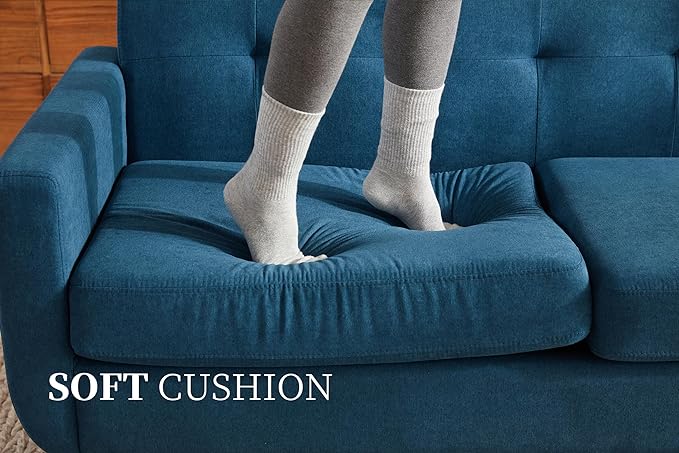 65" Loveseat Sofa, Mid Century Modern Love Seat Couches for Living Room, Comfy Upholstered Sofa Couch for Bedroom, Tufted Design 2 Seater Love Seat Sofa for Small Spaces (Linen-Blue) - LeafyLoom