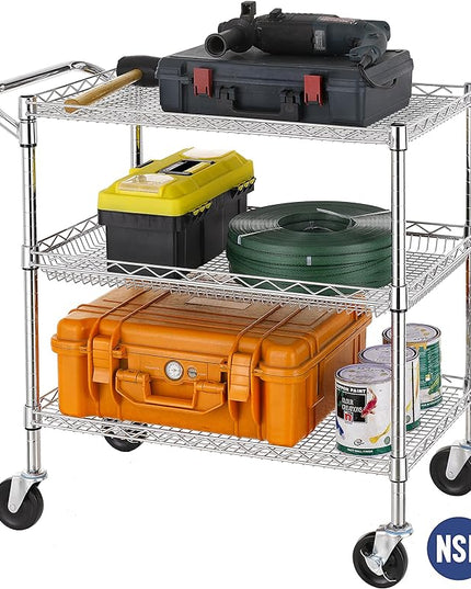 Finnhomy 3 Tier Heavy Duty Commercial Grade Utility Cart, Wire Rolling Cart with Handle Bar, Steel Service Cart with Wheels, Utility Shelf Plant Display Shelf Food Storage Trolley, NSF Listed - LeafyLoom