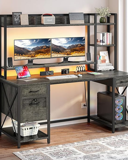DWVO Computer Desk with Drawers & Hutch, 59.1" Office Desk with Power Outlets & LED Lights, Home Office Desk with Storage Shelves, Grey - LeafyLoom