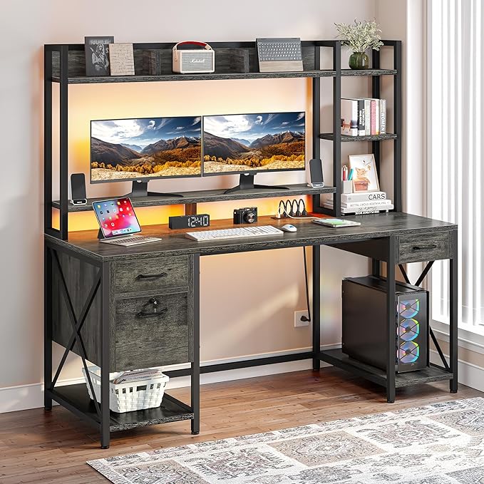 DWVO Computer Desk with Drawers & Hutch, 59.1" Office Desk with Power Outlets & LED Lights, Home Office Desk with Storage Shelves, Grey - LeafyLoom
