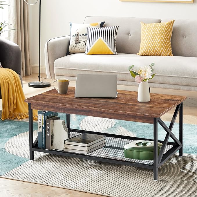 VECELO Coffee Center Table with Storage Shelf for Living Room Office Reception, Rectangle, Brown - LeafyLoom