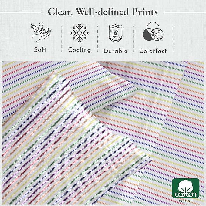 California Design Den Rainbow Stripe Full Sheet Set, 4 Piece 100% Cotton Sheets Deep Pocket, Luxury 400 Thread Count Sateen (Rainbow Striped Sheets) - LeafyLoom