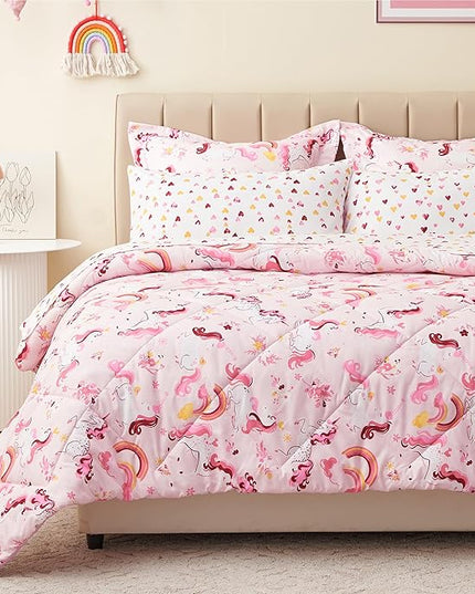 Twin Unicorn Kids Bedding Set for Girls, 5 Pieces Super Soft Lightweight Microfiber Comforter Set with Sheets, Bed in a Bag, Durable Children Bed Set - LeafyLoom