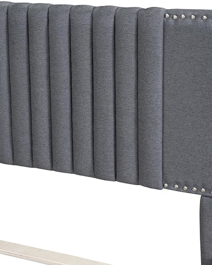 Full Size Linen Upholstered Platform Bed with 2 Drawers and Twin Size Trundle,Solid Wood Bed Frame w/Classic Headboard Design,for Bedroom,Apartment,Living Room,Gray - LeafyLoom