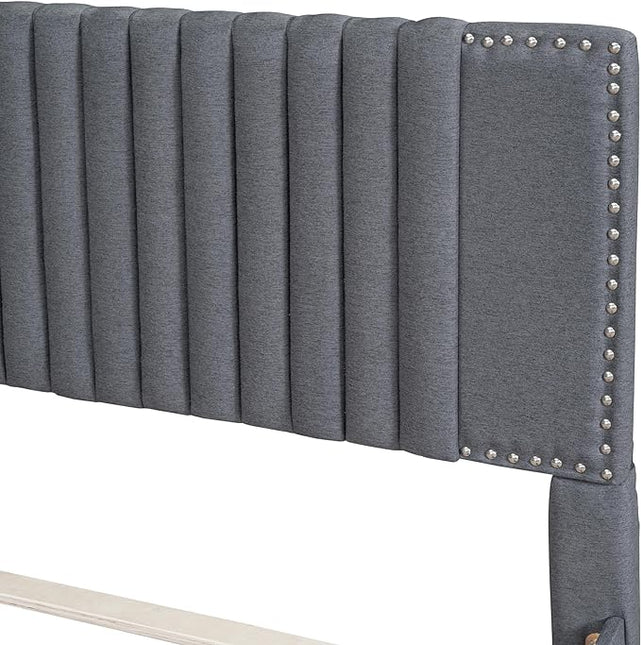 Full Size Linen Upholstered Platform Bed with 2 Drawers and Twin Size Trundle,Solid Wood Bed Frame w/Classic Headboard Design,for Bedroom,Apartment,Living Room,Gray - LeafyLoom