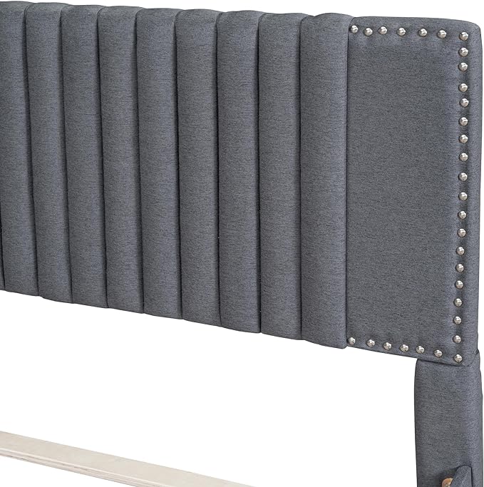 Full Size Linen Upholstered Platform Bed with 2 Drawers and Twin Size Trundle,Solid Wood Bed Frame w/Classic Headboard Design,for Bedroom,Apartment,Living Room,Gray - LeafyLoom
