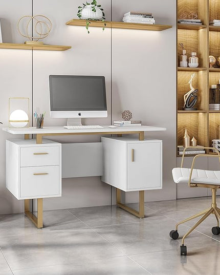 Techni Mobili Storage Drawers and Cabinet 51.25” W-Modern Office Large Floating Desktop Surface Desk, 23.6" D x 51.2" W x 29.8" H, White/Gold - LeafyLoom