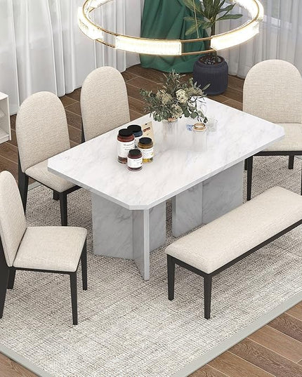 6-Piece Modern Style Dining Faux Marble Table and 4 Upholstered Chairs & 1 Bench, Restaurant Set for Kitchen, Home Bar, Diningroom, Living Room Furniture, Beige+White - LeafyLoom