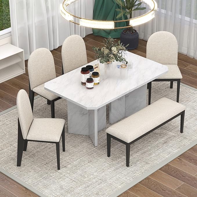 6-Piece Modern Style Dining Faux Marble Table and 4 Upholstered Chairs & 1 Bench, Restaurant Set for Kitchen, Home Bar, Diningroom, Living Room Furniture, Beige+White - LeafyLoom