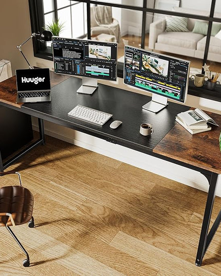 Computer Desk, 70 Inch Office Desk, Gaming Desk with Storage, Writing Desk Work Desk for Home Office, Study, Long Simple Desk, Large Legroom, Metal Frame, Rustic Brown and Black - LeafyLoom