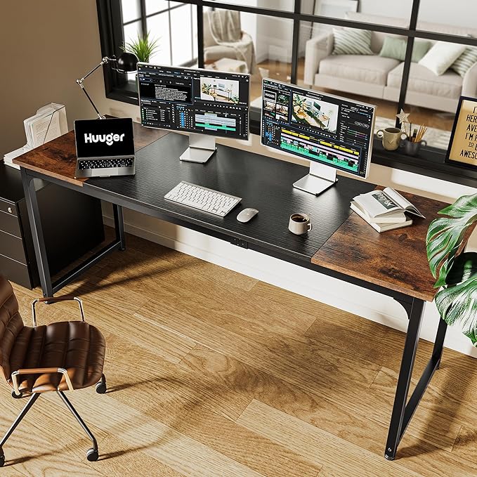 Computer Desk, 70 Inch Office Desk, Gaming Desk with Storage, Writing Desk Work Desk for Home Office, Study, Long Simple Desk, Large Legroom, Metal Frame, Rustic Brown and Black - LeafyLoom
