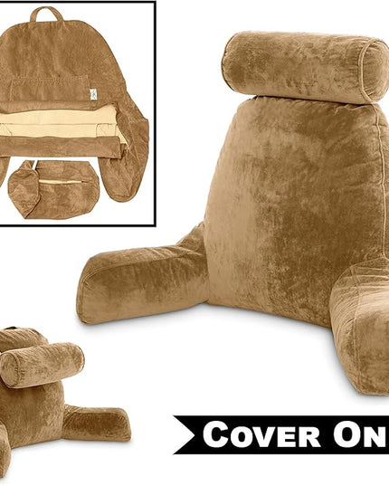 Husband Pillow XXL Cover Only Tan, Cozy Microfiber Bed Rest Pillow Cover with Arms - Array of Colors - Generous Side and Back Pockets for Your Favorite Comfy Reading Pillow - LeafyLoom